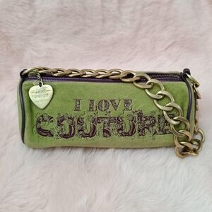 Juicy Couture Barrel Bag Purse Green Velour Purple Leather Vintage I Love Logo